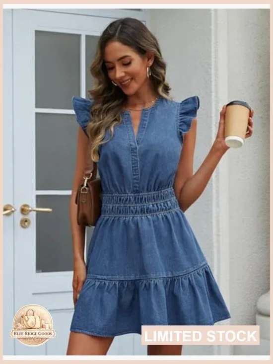 Denim Dress Ruffle Sleeve Empire Waist A-Line Mini Tiered Flowy with Pockets - Picture 3 of 7